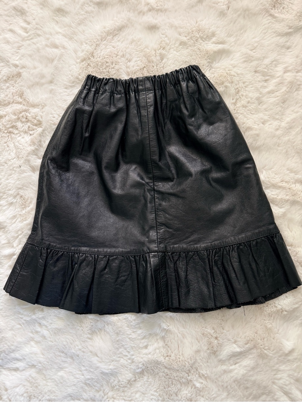 80s Vintage XXS Biker Babe Black Leather Mini Skirt with Ruffle Hem